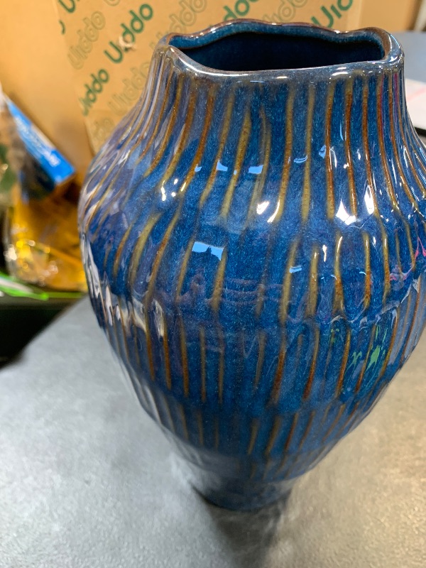 Photo 1 of Blue Ceramic Vase for Home Decor,11.6 Inch Flower Vase?Decorative Vases for Pampas Grass?Modern Art Texture Vases for Home Entryway Living Room Dining Table Farmhouse Office Decor-Blue