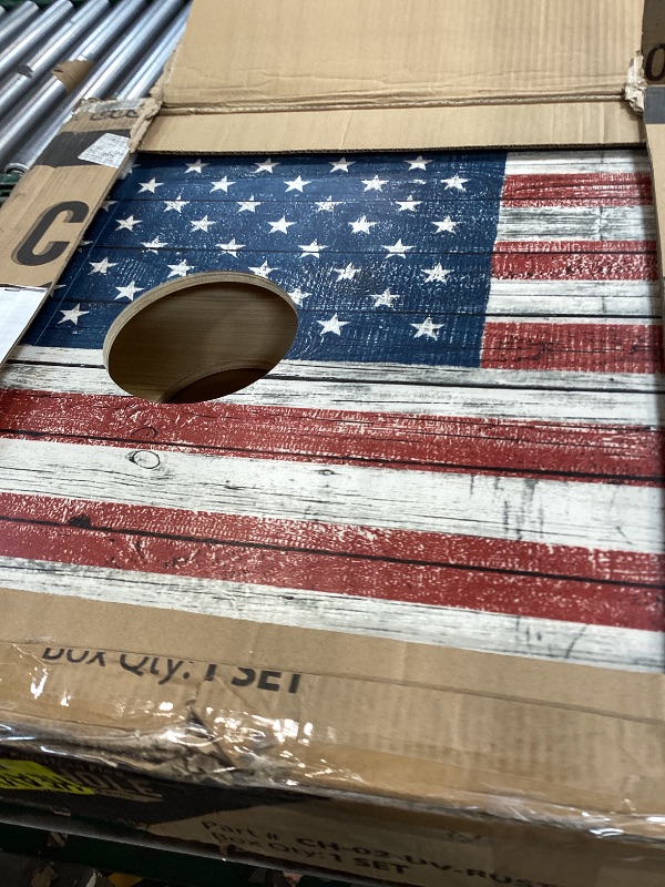 Photo 1 of GoSports 4 x 2 ft Regulation Size Wood Cornhole Board Set - Rustic American Flag Design, Includes 2 Boards, 8 Bean Bags, Carrying Case and Game Rules