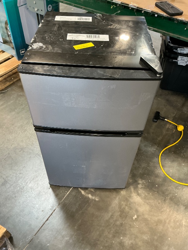 Photo 1 of Mainstays 3.2 cu ft 2-Door Compact Refrigerator with Freezer, Stainless-Steel Look, Mini Fridge for Dorm, Apartment & Office
