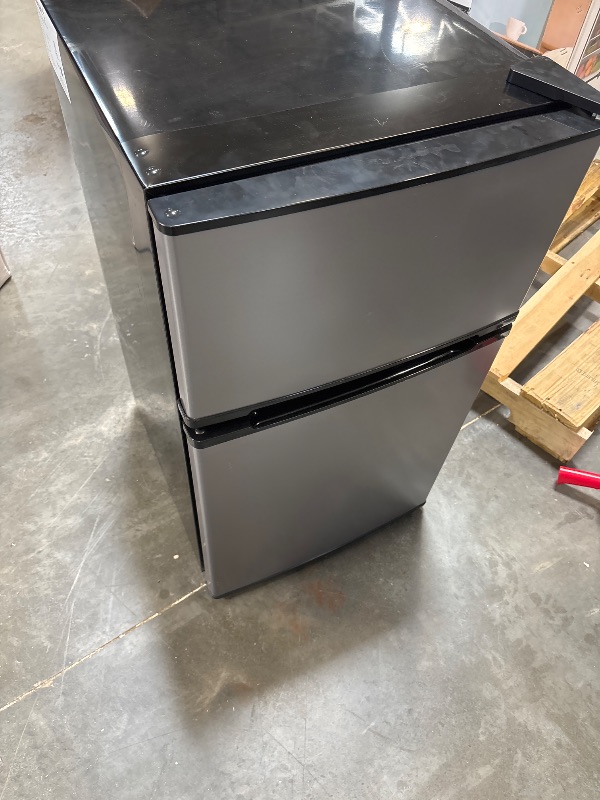 Photo 1 of Mainstays 3.2 cu ft 2-Door Compact Refrigerator with Freezer, Stainless-Steel Look, Mini Fridge for Dorm, Apartment & Office