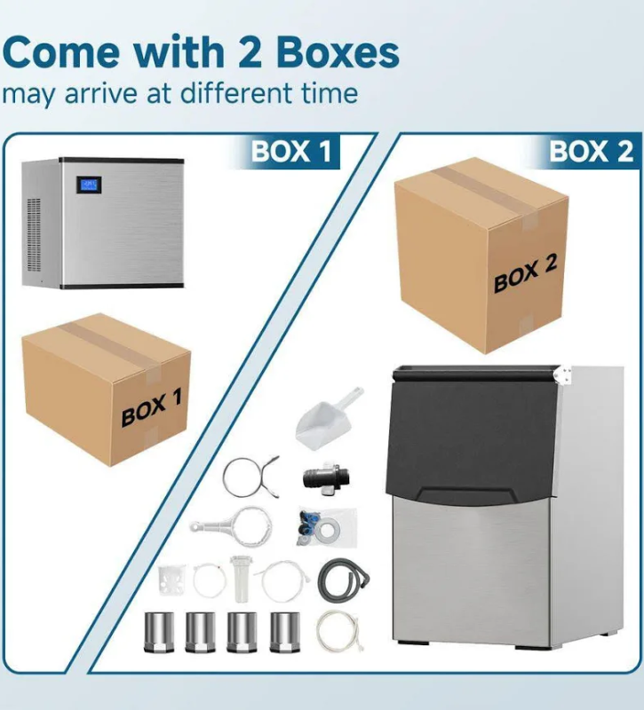 Photo 1 of **Box 1 of 2 Only**23in ,/24h full-size cubes freestanding commercial ice maker in silver, Stainless steel, Clean cycle