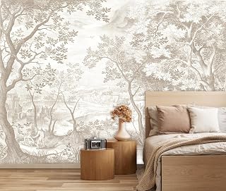 Photo 1 of Vintage Beige Forest Woodland Mural Wallpaper | 151"x96", for Bedroom Living Room Bathroom, Textured Fabric, Not Peel and Stick