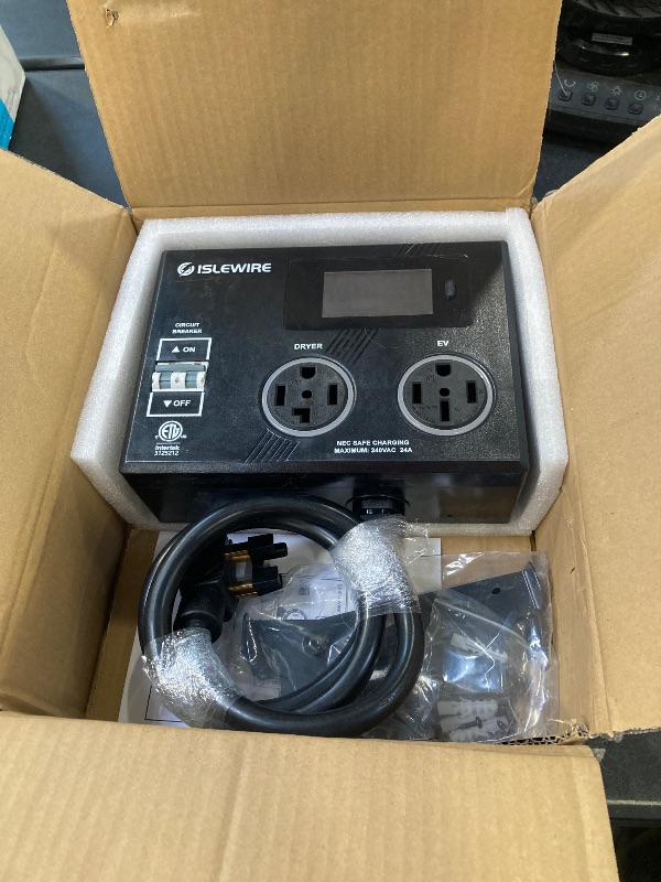 Photo 1 of Smart Dryer Splitter for EV and Dryer, 240V Auto Power Switch for Dryer Outlet, 3-Color LED Ring, 3.4" LCD Display, No Rewiring Needed, NEMA 14-30 Plug, NEMA 14-30 & NEMA 14-50 Outlets (24 Amp)
