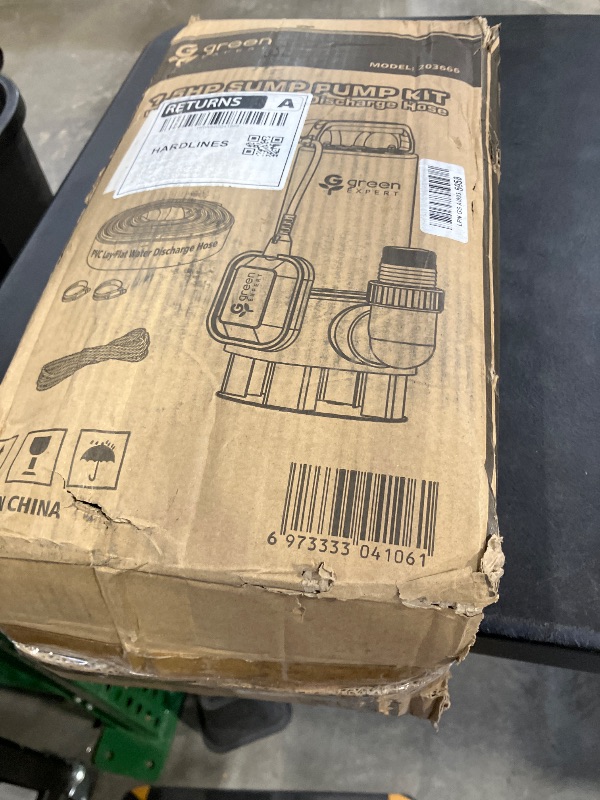 Photo 1 of Green Expert 1.5HP Submersible Sump Pump Kit with 25 ft Lay-Flat Discharge Hose, 6000 GPH 304 Stainless Steel Water Removal Pump with Tethered Float Switch for Basement, Sump Pit & Pool Drainage