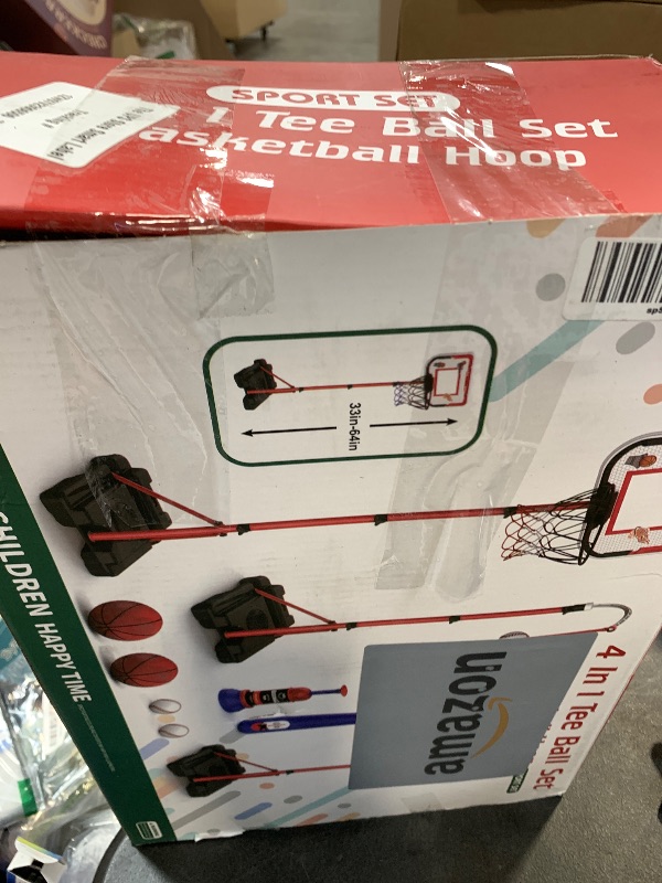 Photo 1 of 4 in 1 Kids Basketball Hoop and T-Ball Set - Adjustable Hanging T-Ball Stand with Automatic Pitching Machine, Indoor Outdoor Sports Toys, Christmas Birthday Gifts for Boys Girls Ages 3-8