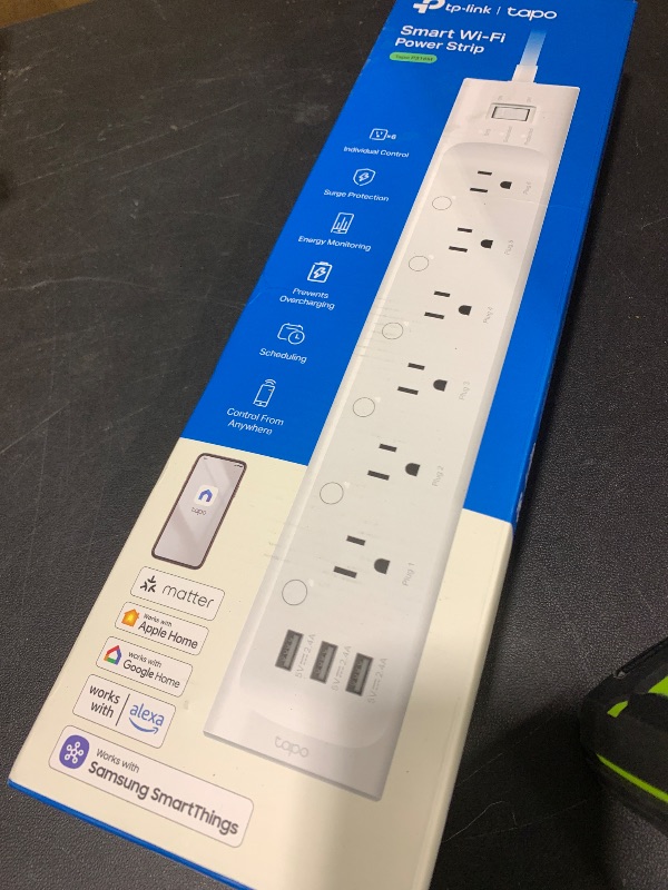 Photo 1 of Tapo Smart Wi-Fi Power Strip - Matter Compatible, Energy Monitoring, Surge Protection, 6 Individually Controlled Outlets & 3 USB Ports, Works with Alexa, Google Assistant, Siri & Bixby - Tapo P316M