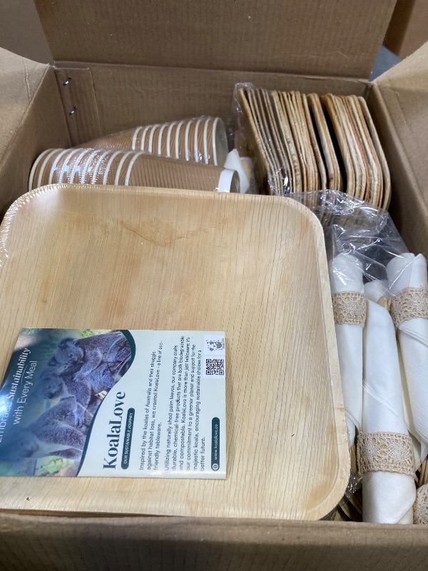 View 3 of Palm Leaf Bamboo Plates & Pre-Rolled Bamboo Cutlery Party Set - 10 & 7'' Compostable Plates Elegant Pre-Rolled Utensils, Napkins , Cups for Weddings, Events, and Special Occasions For 30 Guests