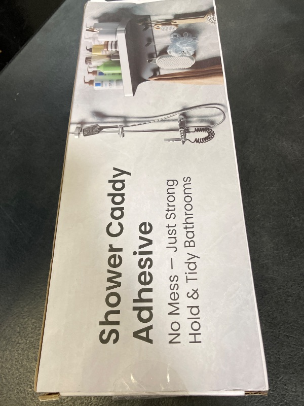 View 2 of Lewono Shower Caddy Adhesive with 5 Hooks & Drainage, No-Drill, Silver