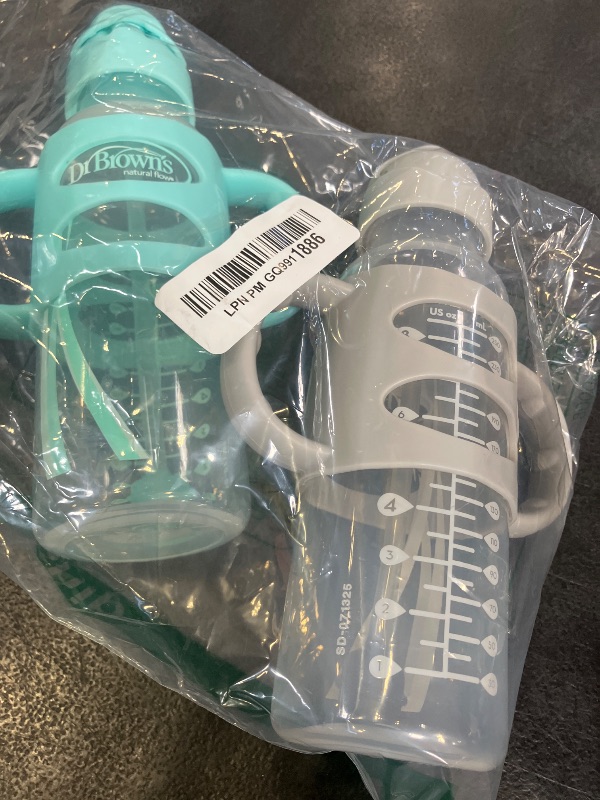 View 2 of Dr. Brown's Milestones Narrow Sippy Straw Bottle, Spill-Proof with 100% Silicone Handles and Weighted Straw, 8 oz/250 mL, Gray & Green, 6m+