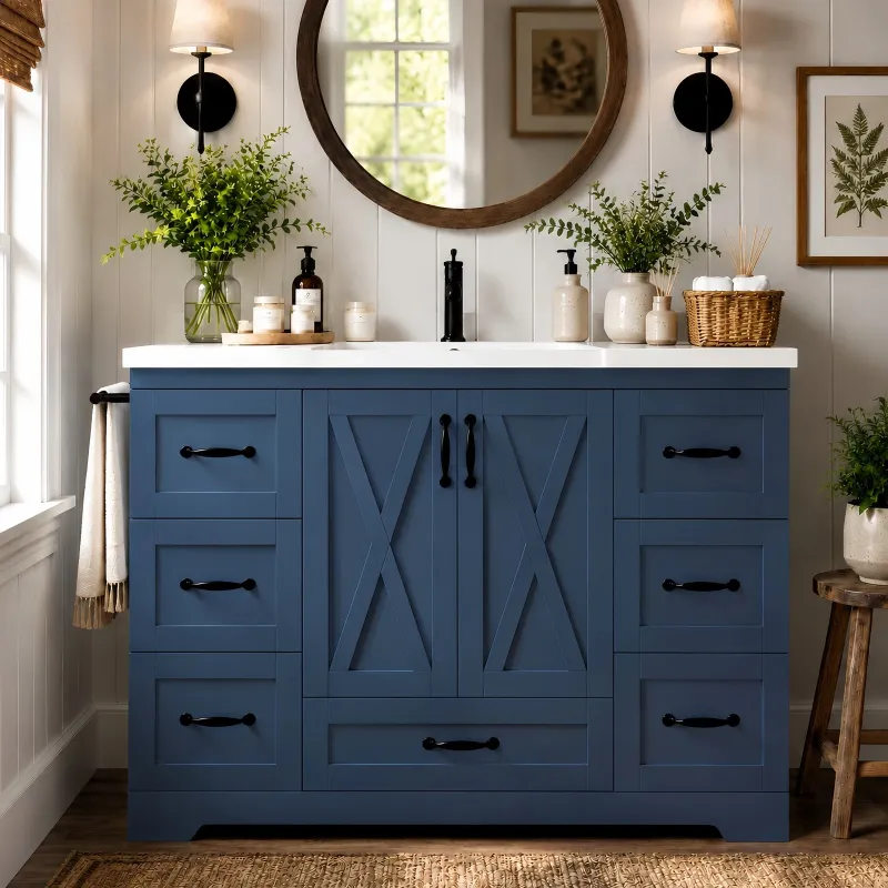 Photo 1 of 48"Bathroom Vanity with Sink,Navy Blue Freestanding Farmhouse Bathroom Cabinet
