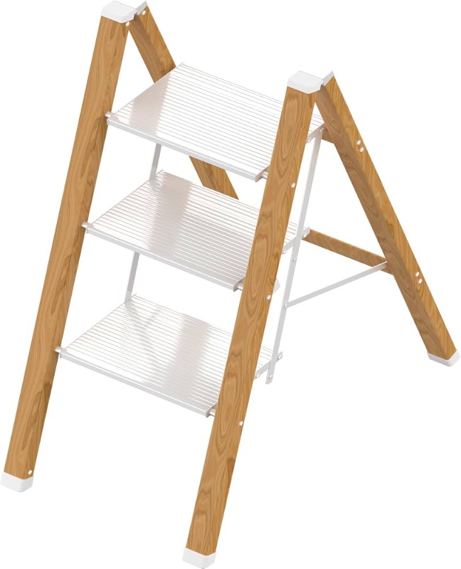 Photo 1 of ***STOCK PHOTO FOR REFERENCE ONLY***
3 Step Ladder, Portable Step Ladder Folding, Lightweight Step Ladder with Anti-Slip Pedal, Aluminum Indoor and Closet, Kitchen, 330lbs - White & Wood Grain