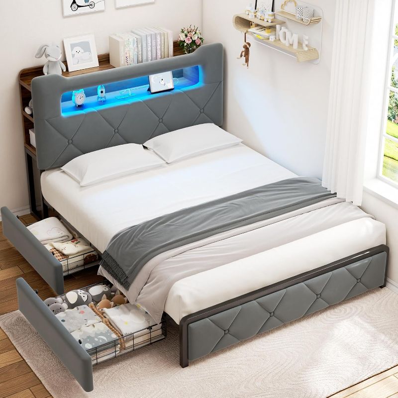 View 1 of ***BOIX 1/2***Jocoevol Full Upholstered LED Bed Frame with 2 Storage Drawers and 2-Tier Storage Headboard, Velvet Platform Bed with Charging Station & Bookcase, Heavy Duty Metal Support, No Box Spring Needed, Grey
