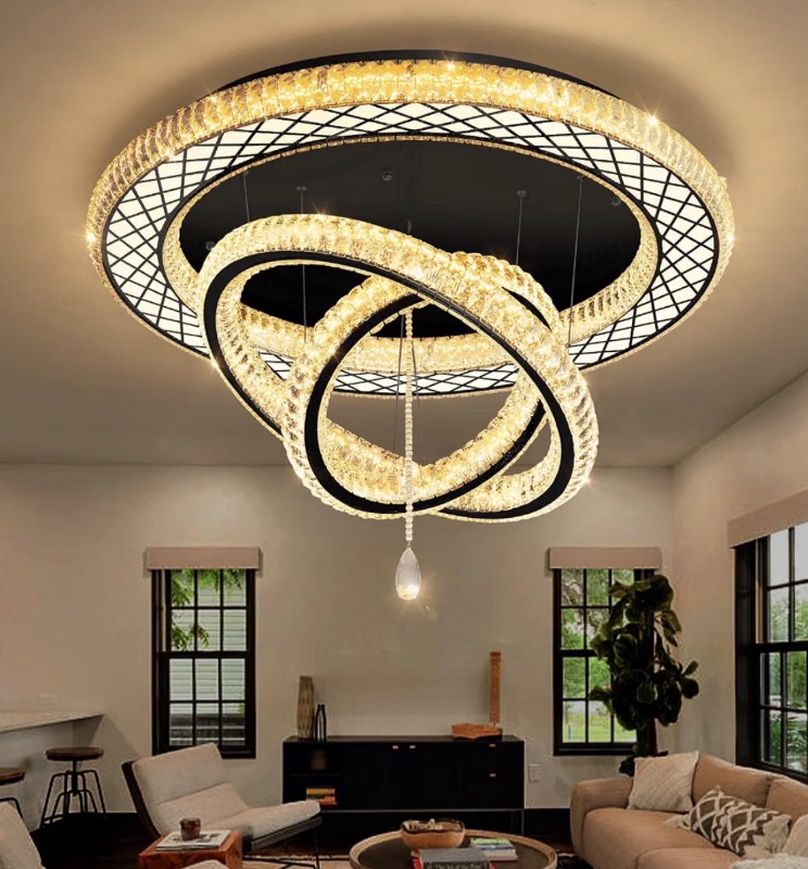 Photo 1 of 39.4" Modern Crystal Chandeliers Dimmable Lager Chandelier LED Flush Mount Ceiling Light High Ceiling Chandelier for Living Room Dining Room Bedroom Foyer Hallway Entryway Black