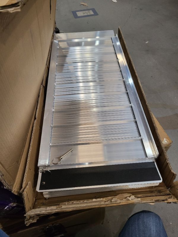 Photo 1 of 1 Pack Folding Loading Ramps, 950 LBS Max Capacity, 71 Inch Galvanized Steel Ramp for Moto, Bike, ATV, Lawn Mower, Silver Portable Access Ramp with Non-Slip Design