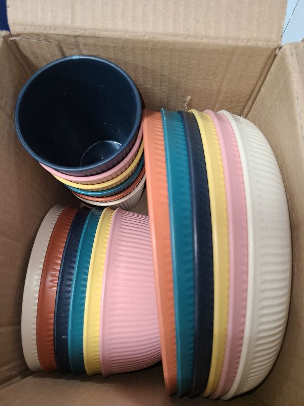 Photo 1 of 18pcs Wheat Straw Dinnerware Sets, Unbreakable dish Set Reusable Plates, Bowls, and Cups Set dishes Dishwasher Microwave Safe for Kitchen Outdoor Travel Camping (Macron Color)