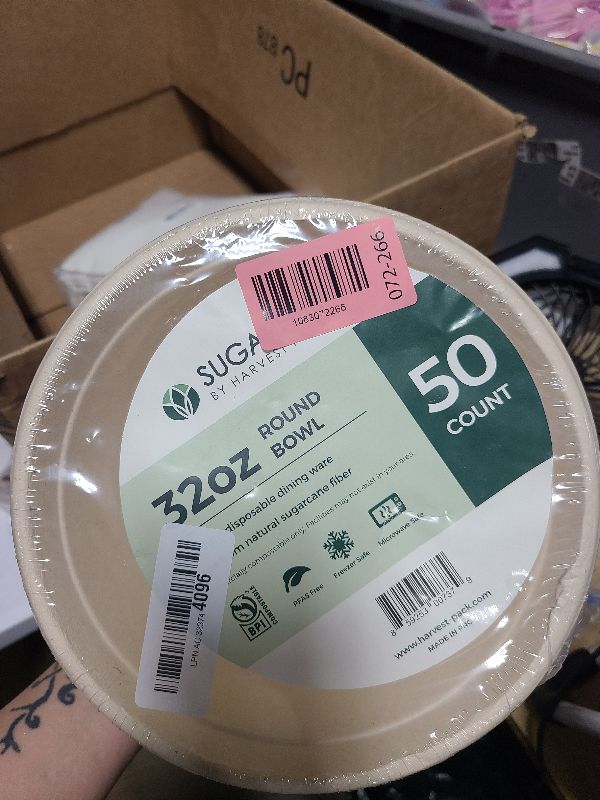 Photo 1 of [50 COUNT]Harvest Pack PFAS FREE 32oz Paper Compostable Bowls Only, Round Heavy-Duty Eco-Friendly Disposable Bagasse Large Soup Bowls, sugarcane made for Meal Prep Takeout Dinnerware, Microwave Safe