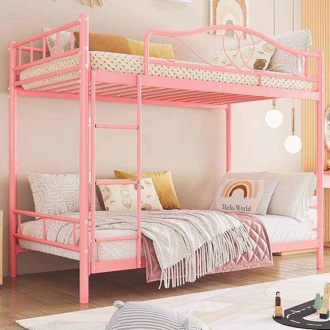 Photo 1 of IDEALHOUSE Bunk Bed Twin Over Twin with Ladder & Full Safety Guardrail
Pink metal Twin Over Twin Bunk Bed supports 400 Lbs, Space-Saving, Noise Free, No Box Spring Needed, Easy Assembly