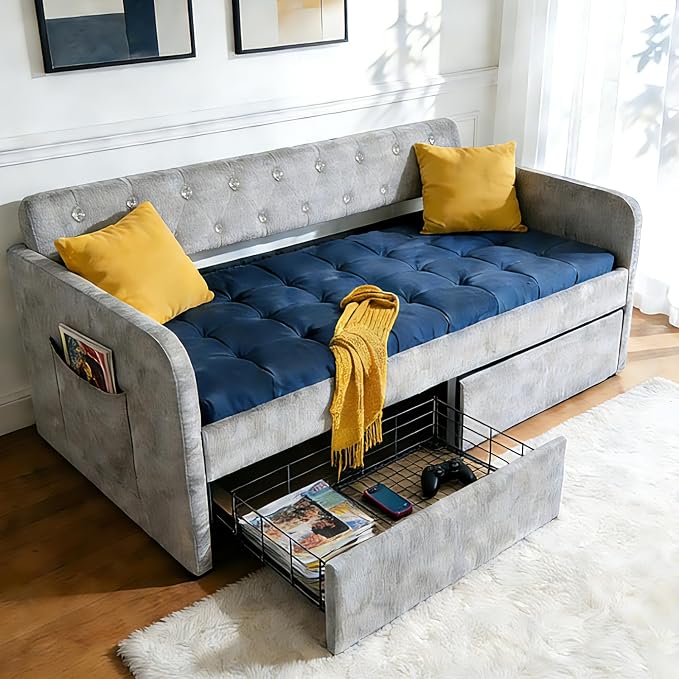Photo 1 of VINGLI Twin Size Daybed with 2 Storage Drawers and Pockets, Chenille Fabric with Diamond Buttons, Upholstered Comfy Sleeper Couch Sofa Bed for Living Room, Movie Room, Bedroom, Gray