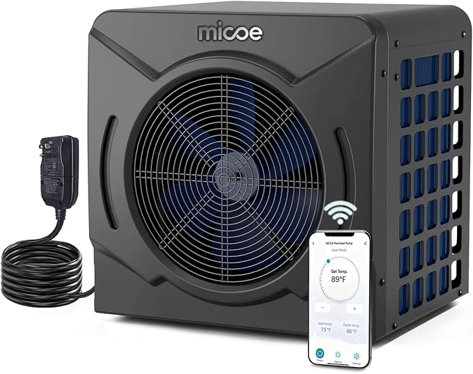 Photo 1 of MICOE 18000 BTU Pool Heater for Above Ground Pool Up to 5500 Gallons
Smart APP & Touchscreen Control, Heating & Cooling Modes,Titanium Heat Exchanger, IPX4 , Quiet 50dB, COP 4.88, 110-120V
