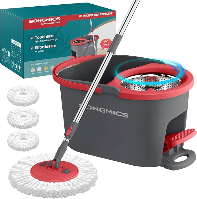 Photo 1 of SONGMICS Spin Mop and Bucket Set with Pedal Wringer, 3 Microfiber Pads
Floor Cleaning Mop with Bucket, Adjustable Handle, 360° Rotating Head, Gray and Red, CLEMAX Collection ULMB002GT03