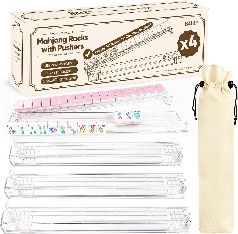 Photo 1 of No-Counting & Non-Slip Acrylic Mahjong Racks with Pushers Set of 4 & Bag