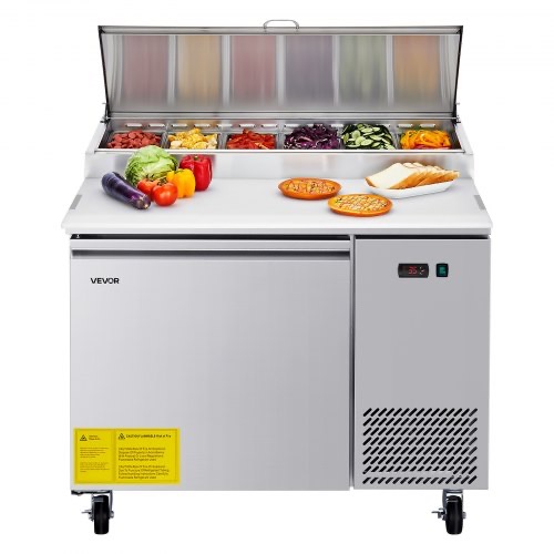 Photo 1 of VEVOR Commercial Refrigerator, 44" W Pizza Prep Refrigerated Table, 20" Ultra Wide Countertop Food Prep Worktable, 11 Cu.Ft Single Door Salad Prep Fridge, 6 Pans Pizza Make Worktop with Cutting Board