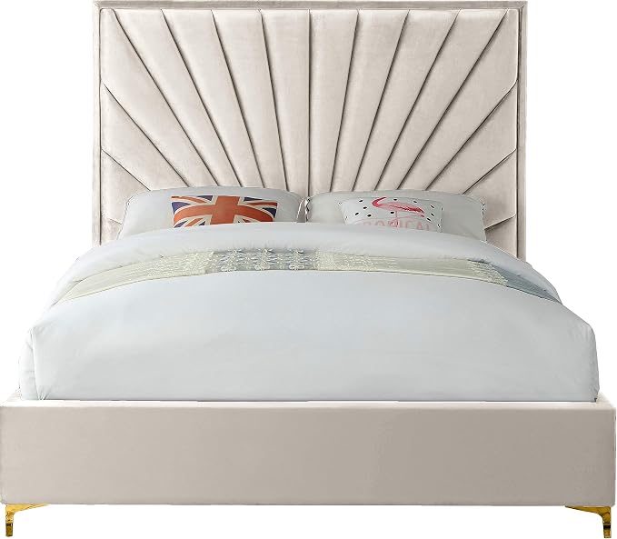 Photo 1 of Meridian Furniture Eclipse Collection Modern | Contemporary Velvet Upholstered Bed with Channel Tufted Design and Complete Sets of Gold and Chrome Legs Included, King, Cream
