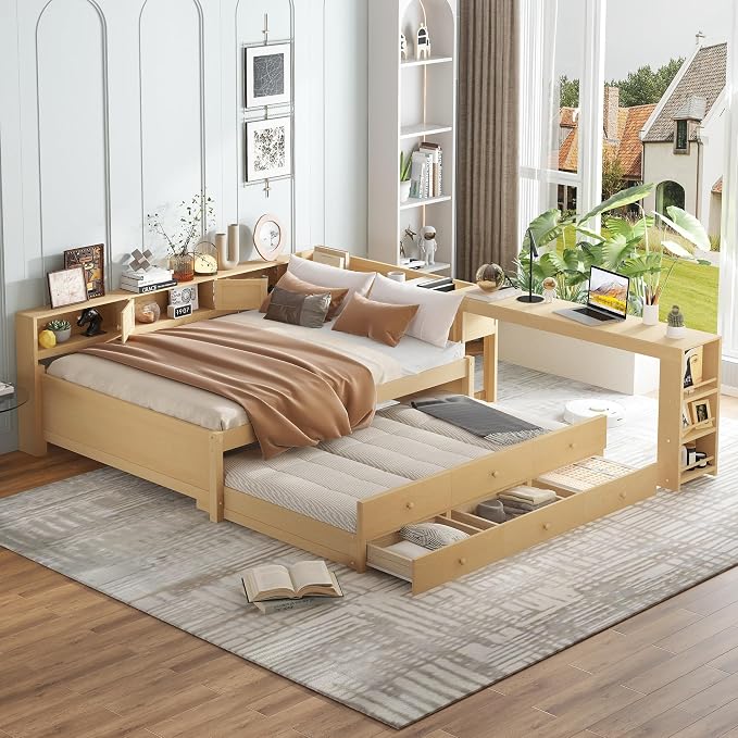 Photo 1 of Full Corner Bed Frame with Desk,Storage Drawers and Trundle,Natural
Solid Wood L Shaped Daybed with Extendable Desk,Shelves and Cabinet,Corner Full Bed,Space?Saving Bed for Bedroom