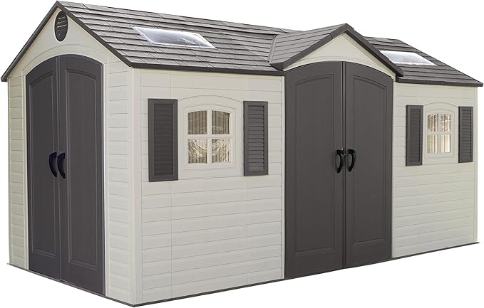Photo 1 of Lifetime 15×8 Ft Dual?Entry Outdoor Storage Shed, Steel?Reinforced, UV?Protected, Weather?Resistant Backyard Garden Shed with Skylights, Windows & Shelving, Desert Sand