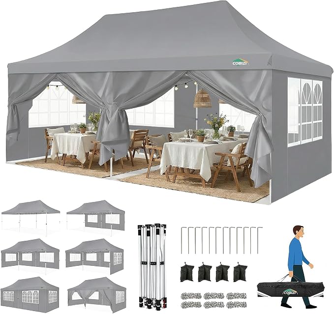 Photo 1 of COBIZI 10x20 Pop Up Canopy Tent with Sidewalls, Waterproof Commercial Outdoor Instant Gazebo UV Protection 50+ Event Shelter, Garden Tents for Parties with Sandbags, Grey