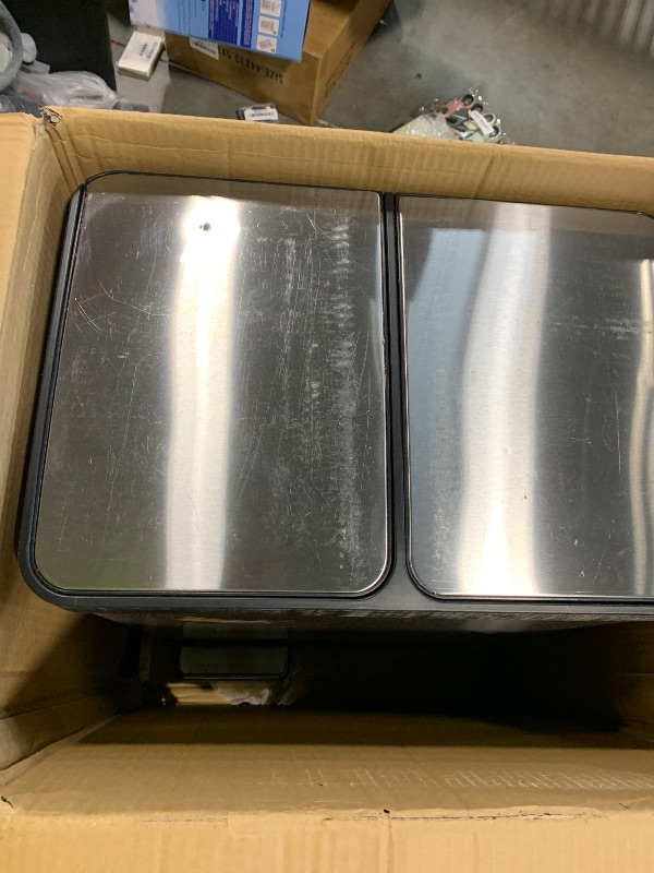 Photo 1 of ***VERY USED AND DIRTY ***iTouchless 60 Liter / 16 Gallon Step 2.0 Technology Dual Compartment Kitchen Trash Can and Recycle Bin with Dual AbsorbX Odor Filters, Stainless Steel, 2X 8 Gal Bins with Pedals for Home Office Store