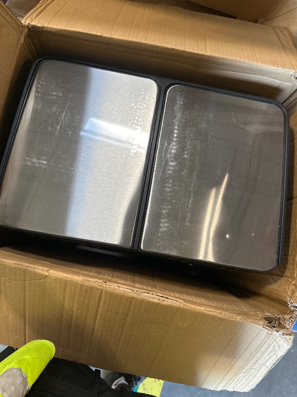 Photo 1 of ***VERY USED AND DIRTY ***iTouchless 60 Liter / 16 Gallon Step 2.0 Technology Dual Compartment Kitchen Trash Can and Recycle Bin with Dual AbsorbX Odor Filters, Stainless Steel, 2X 8 Gal Bins with Pedals for Home Office Store