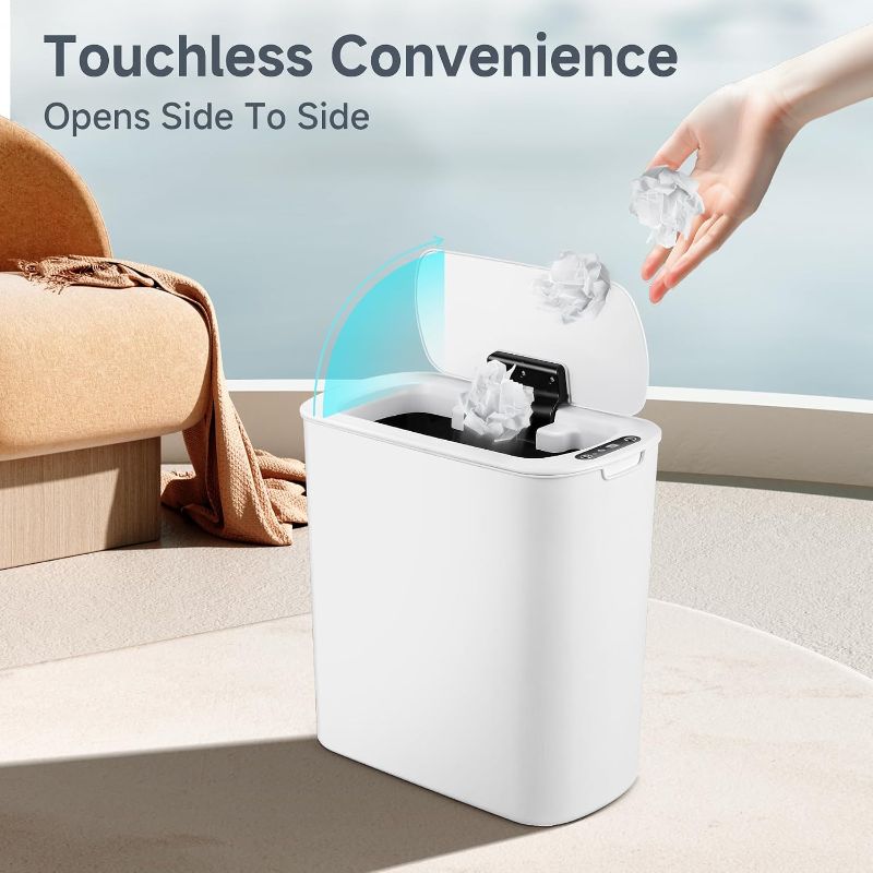 Photo 1 of ***DIRTY*** TIPGO Motion Sensor Bathroom Trash Can with Lid, Automatic Garbage Can Touchless, Smart Plastic Waste Basket for Narrow Spaces, Bathroom, Office, Bedroom, Living Room (White)