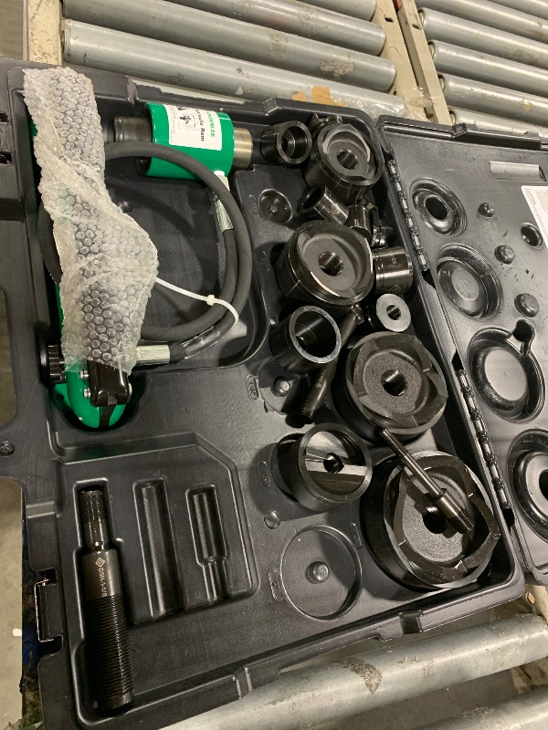 Photo 1 of ***SIMILAR ITEM*** Greenlee 7310SB 11-Ton Hydraulic Knockout Punch Kit with Hand Pump, Ram, 1/2" to 4" Slug-Buster Punches, Dies, and Hydraulic Draw Studs, Electrical Conduit Hole Cutter Kit