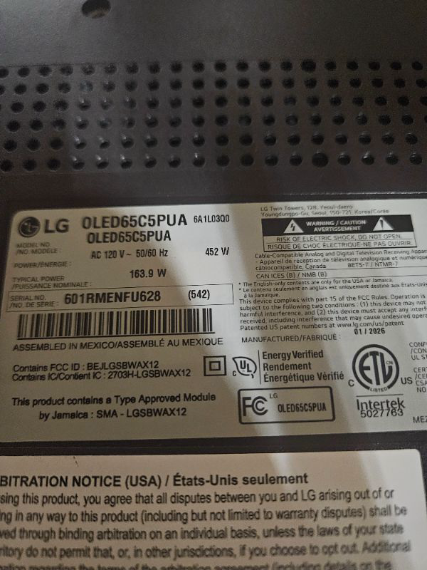Photo 1 of ****CHECKED 8/2/25 - SOLD AS IS/ NO RETURNS - SALE FINAL - FOR PARTS ONLY****LG 65-Inch Class OLED evo AI 4K C5 Series Smart TV w/Dolby Atmos, Dolby Vision, HDR10, AI Super Upscaling 4K, Filmmaker Mode, Wow Orchestra, Alexa Built-in (OLED65C5PUA, 2025)