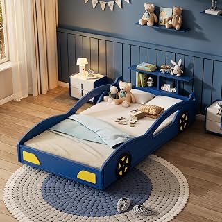 Photo 1 of !!!SIMALR TO IMAGE!!!Blue Race Car Bed Twin with Storage Shelf, Twin Size Wooden Car Bed Frame for Boys and Side Guardrails, Reliable Nighttime Sleep Environment (Blue, Twin)