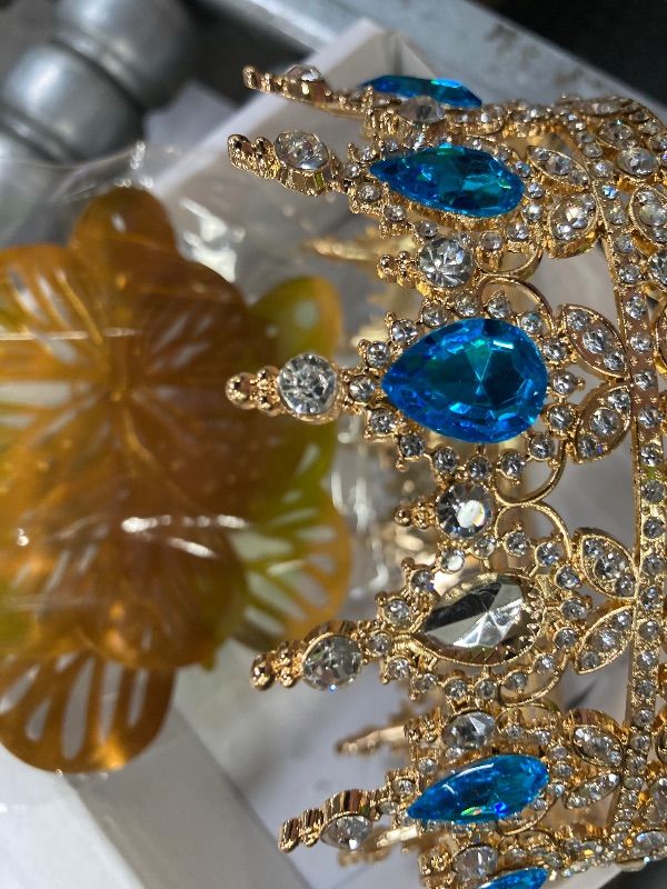 Photo 1 of **MISSING PARTS-ONLY CROWN AND BUTTERFLIES****AMZVALU Crown Cake Topper, Blue & Gold Crown Balls Happy Birthday Cake Toppers Candles Butterfly, Corona Para Pastel, Crown Cake Decorations for Women Queen Princess Men (Gold, Lake Blue)