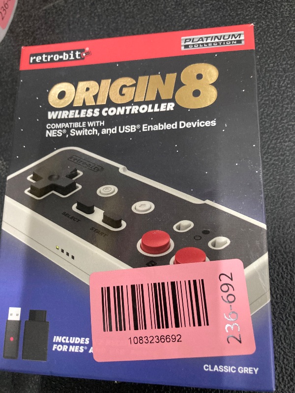 Photo 1 of **MISSING ONE RECEIVER***Retro-Bit Origin 8 2.4 GHz Wireless Controller – for Original NES, PC/Windows, MacOS, USB Devices, Switch Online - Classic Grey