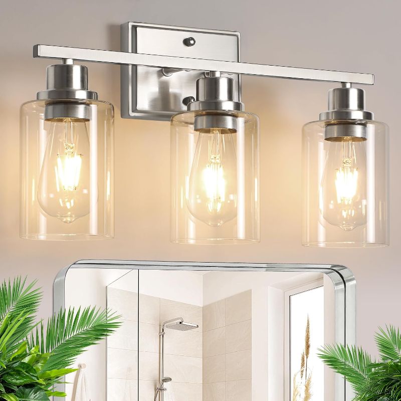 Photo 1 of ***MISSING GLASS COVERS/NO BOX***Unicozin 3 Light Bathroom Light Fixtures, Modern Vanity Lights Over Mirror, Brushed Nickel Wall Lamp with Clear Glass for Living Room Cabinet Bedroom Porch BRUSHED NICKEL