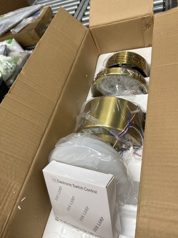 Photo 1 of **Used; it is unknown if any parts are missing or if it works 100%.
****Breezary 52" Contemporary Ceiling Fans with Lights and Remote, Quiet DC Motor, 3 Reversible Blades, 6-Speed, Modern Gold and White Low Profile Ceiling Fan with 3-Color LED Light Fande