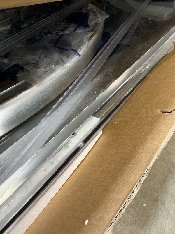 Photo 1 of ** two boxes. Bend/dirt damage. **Ove Decors Breeze 34 in. Corner Shower Clear Sliding Door with Base in Satin Nickel Finish