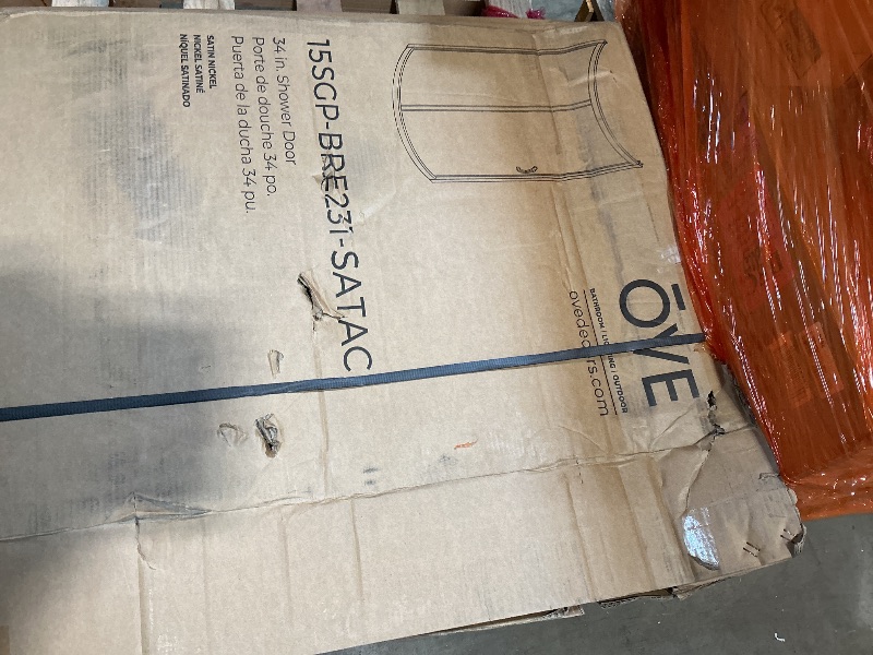 Photo 1 of ** two boxes. Bend/dirt damage. **Ove Decors Breeze 34 in. Corner Shower Clear Sliding Door with Base in Satin Nickel Finish