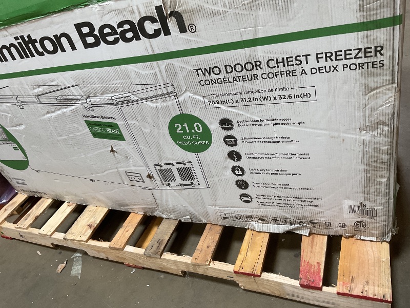 Photo 1 of ** scrapes/hinge is cracking**Hamilton Beach HBFRF2129 21 cu ft Double Door LID Garage-Ready Chest Freezer-White, Vinyl-Coated Baskets, Space-Saving Flat Back, Stay-Open, Front-Access Drain, for Storage, Hunting, Large Family