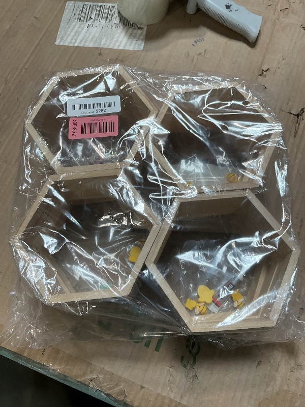 Photo 1 of 12 Pcs 5.5 Inch Honeycomb Cupcake Stand Cake Farmhouse Hexagon Display Holder Hexagonal Wood Cupcake Stand Floating Table Sign with Wooden Bee for Baby Shower Birthday Party Table Decorations