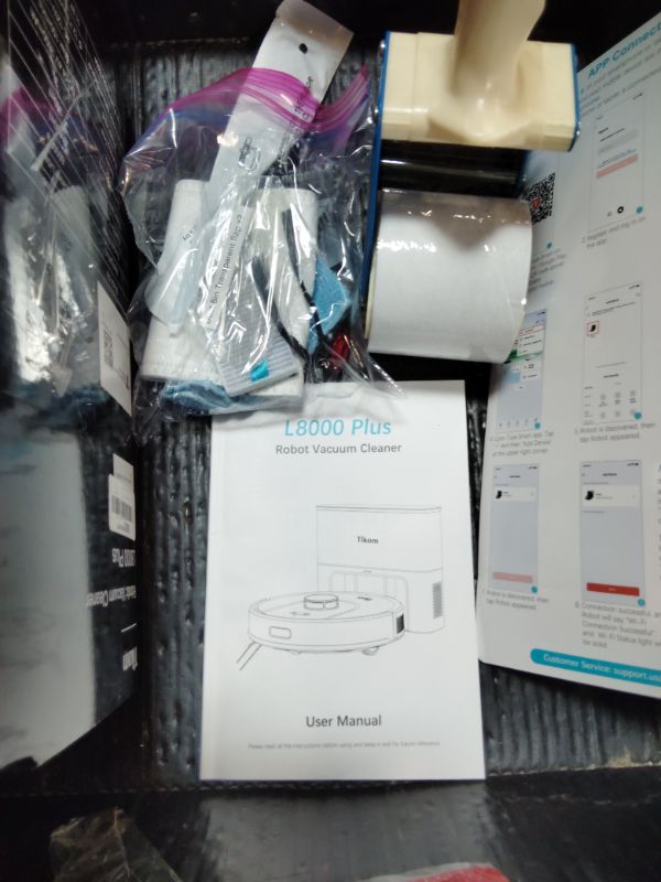 Photo 1 of ***POSSIBLY FOR PARTS HAS ISSUES/ FUNCTIONING**** Tikom Robot Vacuum and Mop, 6000Pa Robotic Vacuum Cleaner with Self-Emptying Base, 90 Days Capacity, LiDAR Navigation, Home Mapping, Ideal for Pet Hair, Hard Floors, Carpet (L8000 Plus)