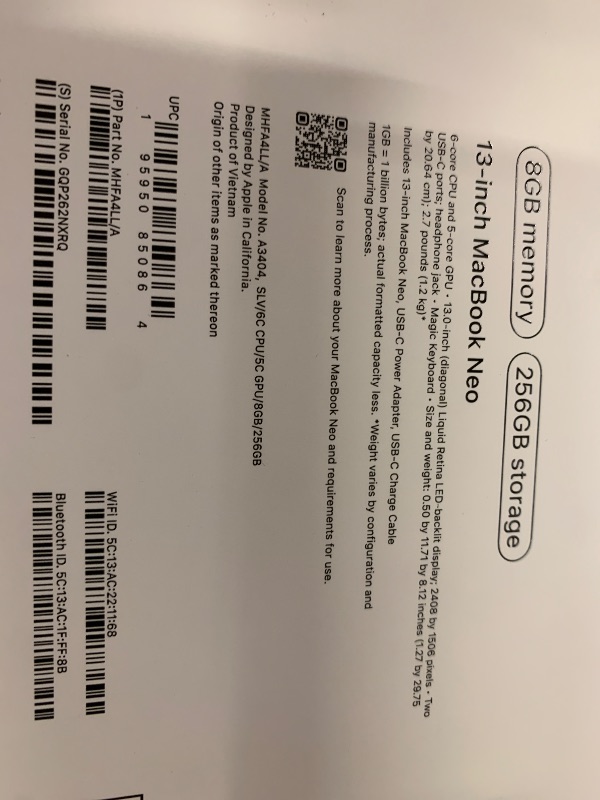 Photo 1 of Apple 2026 MacBook Neo 13-inch Laptop with A18 Pro chip: Built for AI and Apple Intelligence, Liquid Retina Display, 8GB Unified Memory, 256GB SSD Storage, 1080p FaceTime HD Camera; Silver