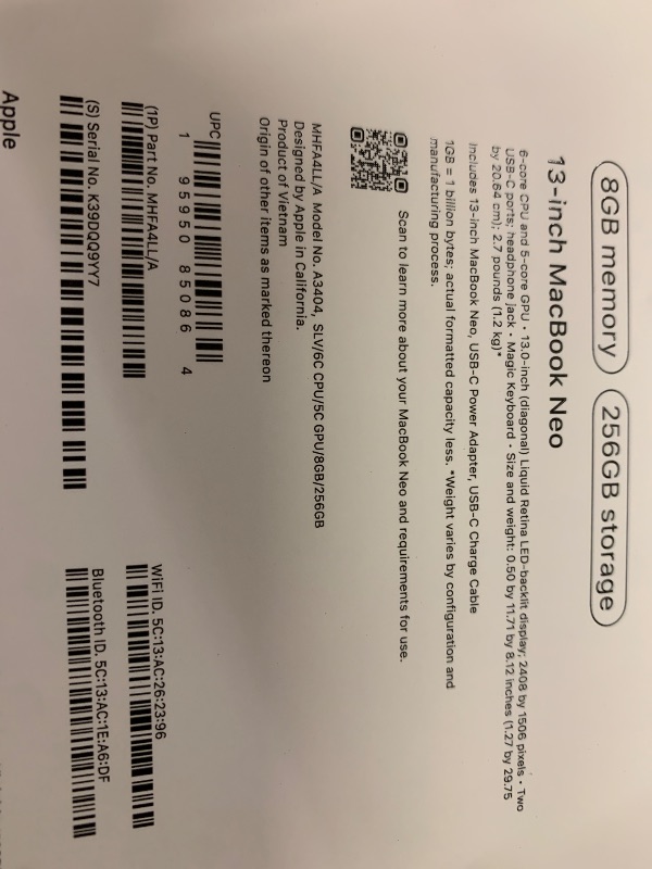 Photo 1 of Apple 2026 MacBook Neo 13-inch Laptop with A18 Pro chip: Built for AI and Apple Intelligence, Liquid Retina Display, 8GB Unified Memory, 256GB SSD Storage, 1080p FaceTime HD Camera; Silver