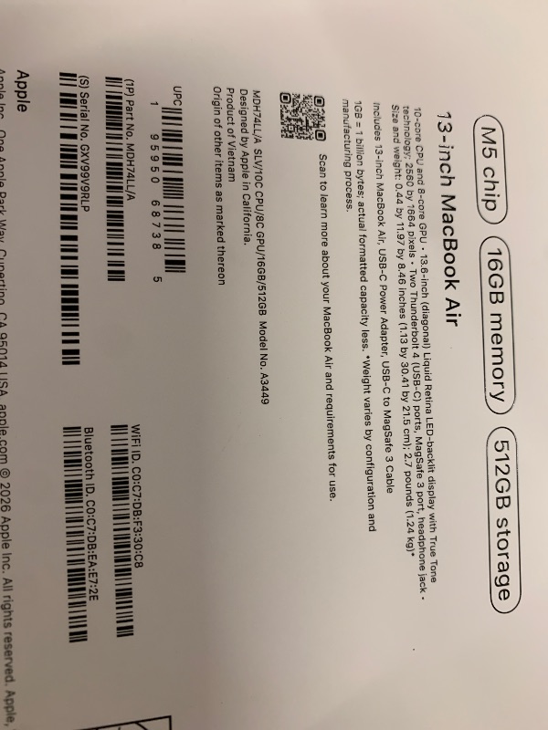 Photo 1 of Apple 2026 MacBook Air 13-inch Laptop with M5 chip: Built for AI, 13.6-inch Liquid Retina Display, 16GB Unified Memory, 512GB SSD, 12MP Center Stage Camera, Touch ID, Wi-Fi 7; Silver