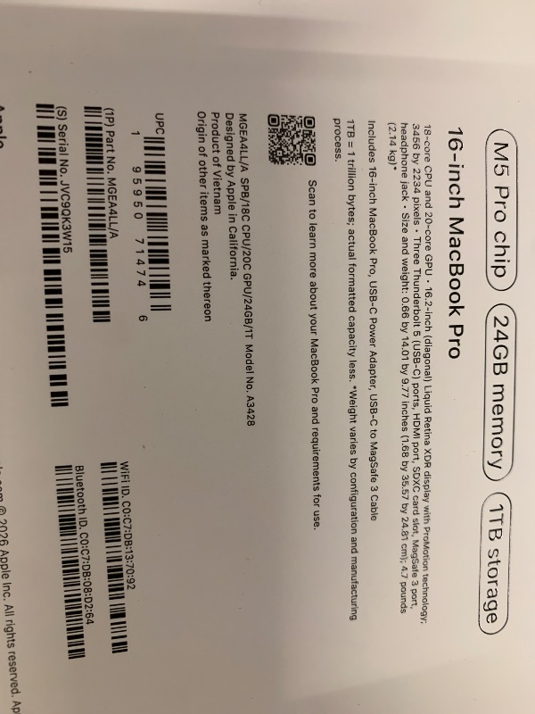 Photo 1 of Apple 2026 MacBook Pro Laptop with Apple M5 Pro chip with 18-core CPU and 20-core GPU: Built for AI, 16.2-inch Liquid Retina XDR Display, 24GB Unified Memory, 1TB SSD, Wi-Fi 7; Space Black