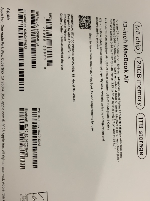 Photo 1 of Apple 2026 MacBook Air 13-inch Laptop with M5 chip: Built for AI, 13.6-inch Liquid Retina Display, 24GB Unified Memory, 1TB SSD, 12MP Center Stage Camera, Touch ID, Wi-Fi 7; Starlight